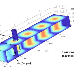 Paprikapulver in einem Quarzrohrmodell wird durch eine bei 915 MHz betriebene Mikrowellenkammer erhitzt, wobei sich Temperaturunterschiede aufgrund von Unsicherheiten bei der Dielektrizitätskonstante zeigen(Bild:  Oniris (Nantes Université) und SAIREM)