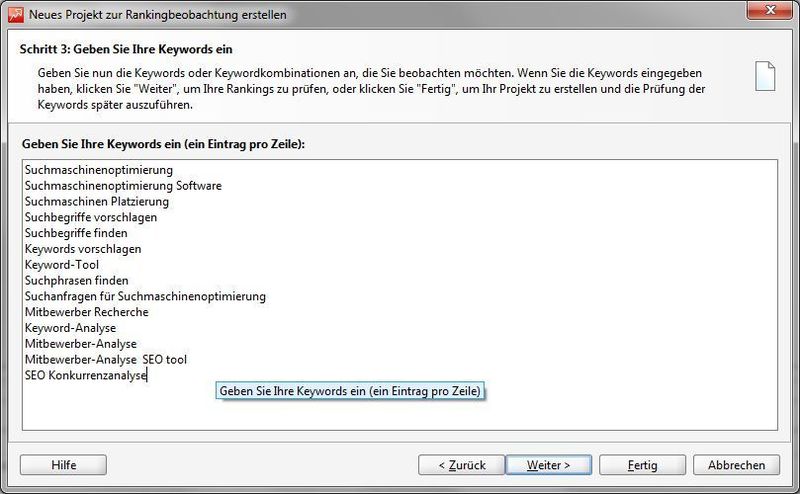 Um nach bestimmten Keywords zu suchen, starten Sie ein neues Projekt mit Rank Tracker. Nachdem Sie die Adresse Ihrer Website eingegeben haben, wählen Sie die bevorzugten Suchmaschinen und legen anschließend die Keywords fest, nach denen bei den ausgewählten Suchmaschinen gesucht werden soll. (Archiv: Vogel Business Media)