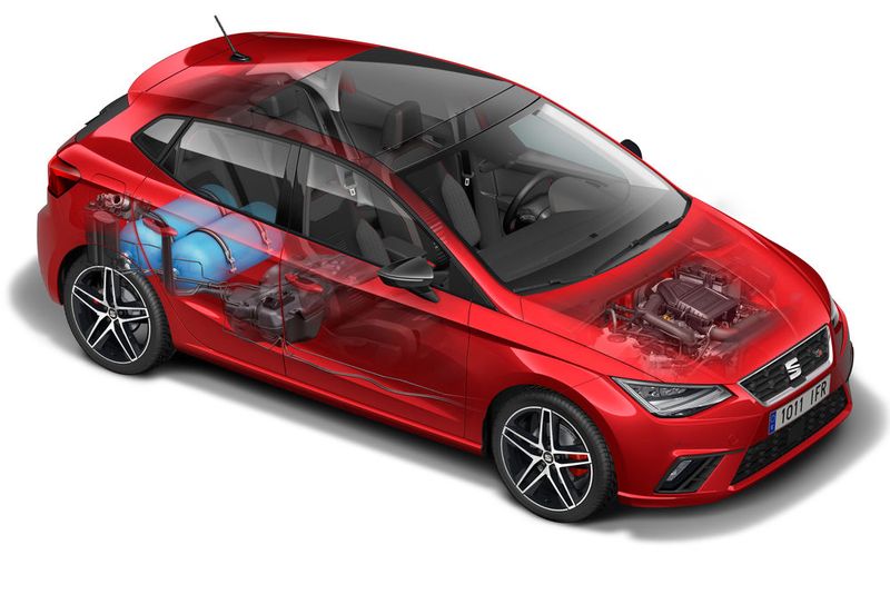 Jüngstes Modell mit CNG-Antrieb ist der Ibiza TGI mit dem neuen 1,0-Liter-Erdgasmotor: 1,0 Liter 66 kW/90 PS – Max. Drehmoment: 160 Nm – 11,6 kg CNG-Tank/40 Liter Benzin – Kombinierter NEFZ-Verbrauch: 2,9 kg/100 km – CO2-Emissionen (mit CNG): 83 g/km. (Bild: Seat)