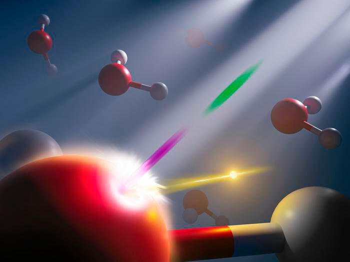 Scientists used a synchronized attosecond X-ray pulse pair (pictured pink and green here) from an X-ray free electron laser to study the energetic response of electrons (gold) in liquid water on attosecond time scale, while the hydrogen (white) and oxygen (red) atoms are ‘frozen’ in time. (Source: Nathan Johnson/ Pacific Northwest National Laboratory)