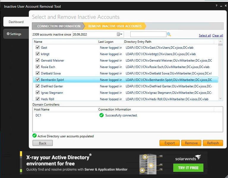 Solarwinds Inactive Account Removal Tool zeigt die Konten an, die nicht mehr aktiv sind. (Bild: Joos / SolarWinds)