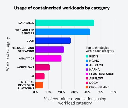 Die Kategorie Datenbanken war schon zuvor an der Spitze containerisierter Workloads und ist es auch im aktuellen Report, wobei „Redis“ erneut am häufigsten verwendet wird und sein Fork „Valkey“ schnell an Bedeutung gewinnt. Allerdings sind als Kategorie sind Web- und App-Server fast ebenso verbreitet wie Datenbanken.(Bild:  Datadog)