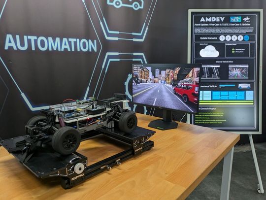 AMDEV-Bed: Das Modellfahrzeug fährt auf einem Rollenteststand in einer Simulationsumgebung, die ihm der Monitor vorgibt.(Bild:  DLR)