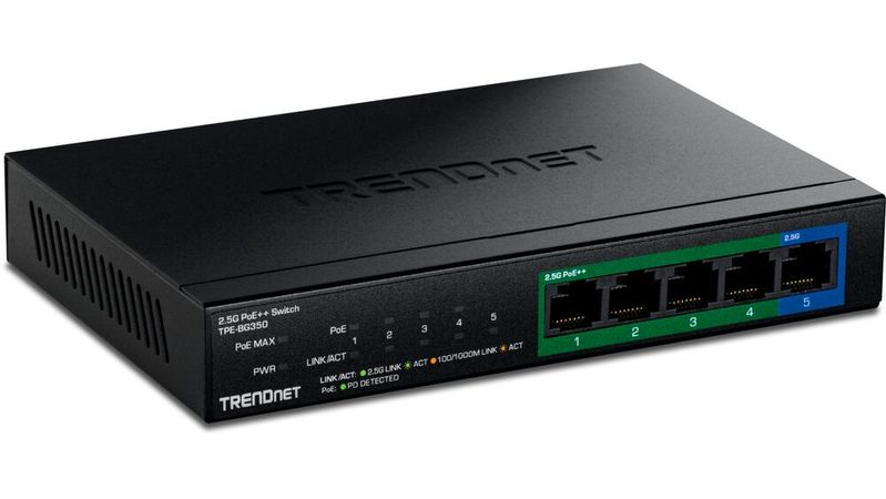 Der TPE-BG350 bietet fünf 2,5-Gigabit-Ports, vier davon mit PoE++. Laut Trendnet stellt der lüfterlose Switch ein Leistungsbudget von 135 Watt bereit.(Bild:  Trendnet)