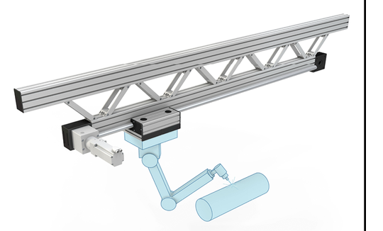 (Bei der Kombination von Lineartechnik und Robotik kann der Roboter an einer einachsigen Lineareinheit montiert werden und bewegt sich entlang dieser Achse, um seine Arbeitsschritte  durchzuführen. Bild: Item Industrietechnik)