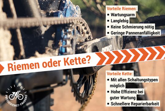 With chain and belt drives, there are currently two market-ready options for power transmission from the crankset to the rear wheel. Both have their advantages.(Source:  www.pd-f.de / pressedienst-fahrrad)