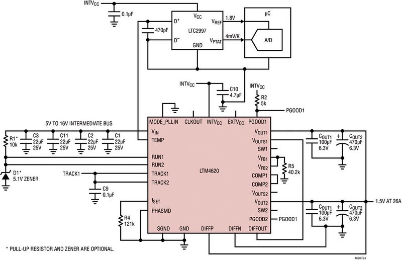 Bild 5: Zwei Phasen mit 1,5 V bei 26 A an den parallelen Ausgängen des LTM4620 (Bild: Linear Technology)