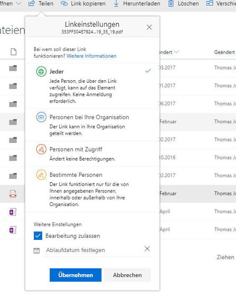 Konfigurieren des Teilens von Dateien in OneDrive. (Thomas Joos / Microsoft)