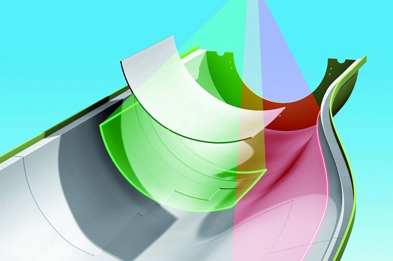 Der Projektor projiziert drei Farben gleichzeitig. Dadurch lassen sich bestimmte Bereiche hervorheben. Durch den Wechsel der Farbe von rot nach gelb oder grün kann das System signalisieren, welche Rotorblattlagen bearbeitet werden müssen, in Arbeit oder bereits fertig sind.  (Bild: LAP)