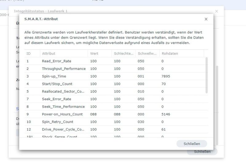 Auslesen der SMART-Attribute der Laufwerke auf einem Synology-NAS. (Bild: Joos - Synology)