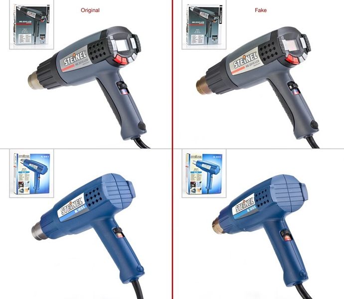 1. Preis - Heißluftgebläse „HL 1610 S“ und „HG 2310 LCD“  |  Links Originale: STEINEL Vertrieb GmbH, Herzebrock-Clarholz, Deutschland  |  Rechts Fälschungen: Vertrieb: Shenzhen Jin Xiong of internal and external electronic tools Co., Ltd., Shenzhen, VR China (Quelle: Aktion Plagiarius e.V.)