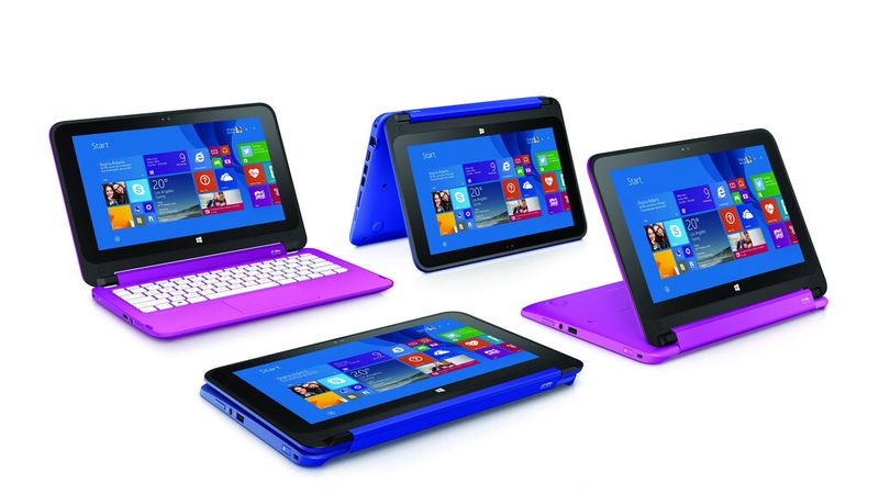 Das Stream x360 in allen Aufstellungs- und Farbvarianten. Das 11,6-Zoll-Convertible mit HD-Touchscreen soll 299 Euro kosten. (Bild: HP)