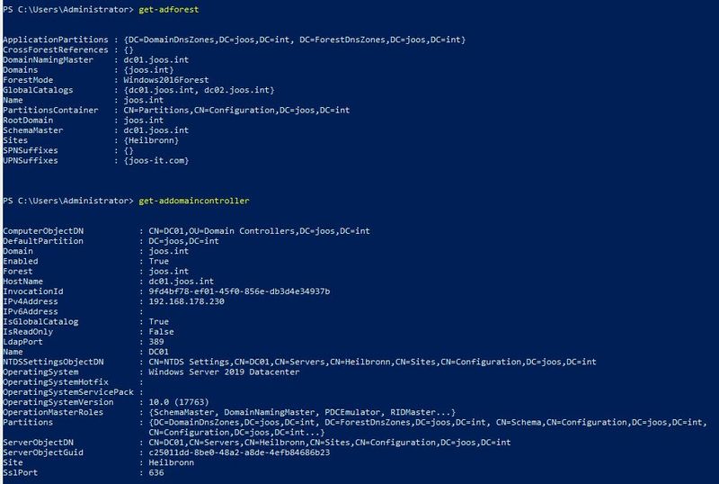 In der PowerShell besteht auch die Möglichkeit Informationen zur Gesamtstruktur und zu den Domänencontrollern abzurufen. (Bild: Microsoft / Joos)