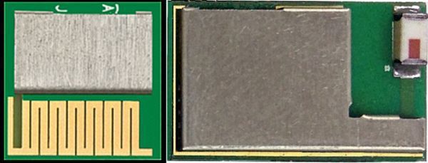 EZ-BLE-PSoC-Module: Größenoptimiert (links) mit 11 x 11 mm, bis zu 256 KB Flash, 32 KB SRAM und mit Leistungsverstärker (rechts) mit erweitertem Temperaturbereich; beide voll zertifiziert. (Bild: GLYN)