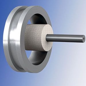 Prinzipdarstellung des Innenrundschleifens mit einem Vitron7-Schleifwerkzeug. Der Hersteller schafft es bei diesen Produkten das Schleifkorn besonders gleichmäßig über die Schleiffläche zu verteilen. Das wirkt sich positiv auf die Standzeit und Performance aus, heißt es.(Bild:  Saint-Gobain)