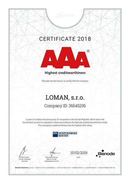 Als AAA vertrauenswürdige Firma in der Slowakei zertifiziert. (LOMAN s.r.o.)