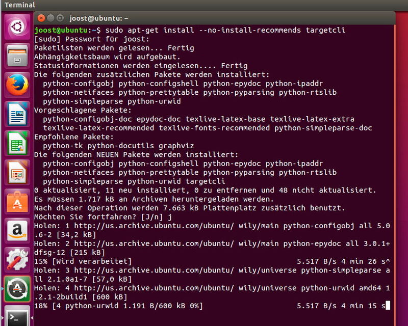 Über das Terminal wird targetcli auf Linux-Servern installiert.