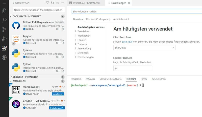 Sobald der Codespace aufgebaut ist, können Entwickler im Browser arbeiten oder lokale Editoren wie Visual Studio Code nutzen.