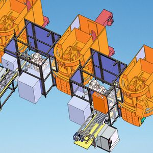 Bild 1: Die Grafik der Systemlösung zeigt zwei Roboterzellen zur Be- und Entladung dreier Vertikaldrehmaschinen mit Zu- und Abführung der Roh- und Fertigteile, Spänekontrolle, Bürststation, SPC-Ausschleusung und Entmagnetisierungstunnel.