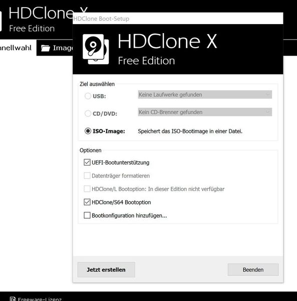 Um Boot-Datenträger zu klonen, kann HDClone auch einen Startdatenträger erstellen, mit dem Computer starten.  (Joos/HDClone (Screenshot))