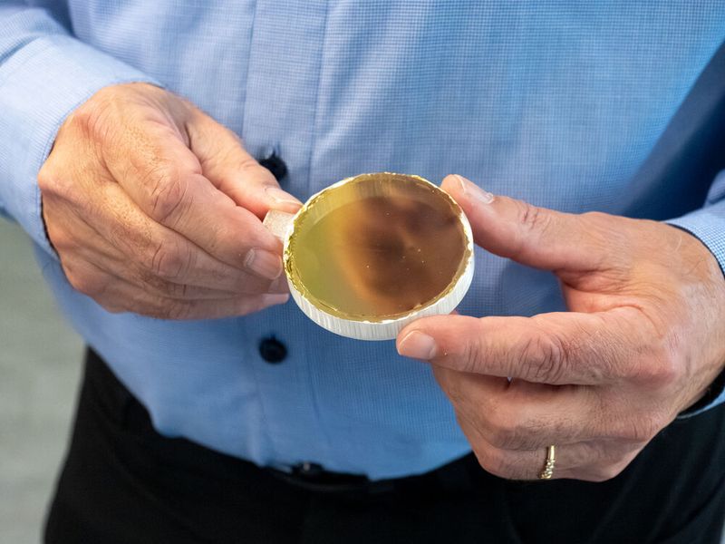 Die Terahertz-Filter von Lepto bestehen aus einer dünnen Polymerfolie mit einer mikrostrukturierten Goldoberfläche, die auf einem 3D-gedruckten Rahmen befestigt ist. Dadurch sind die Komponenten besonders leicht und individuell anpassbar.  (Bild: Empa)