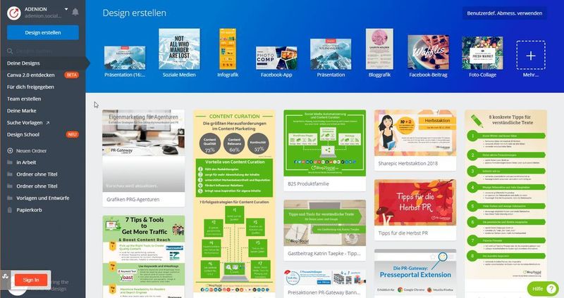 Das Online-Tool Canva hilft bei der einfachen und schnellen Erstellung von Grafiken, Infografiken, Gifs oder Memes, auch ohne professionelle Grafiker oder Agenturen.  (ADENION GmbH)