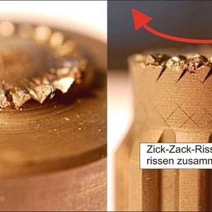 Abb. 2: Bei alternierender Schubrichtung, stehen die zur jeweiligen Schubrichtung gehörigen Risse senkrecht aufeinander und bei Totalversagen sieht die Bruchfläche aus wie ein Haifischgebiss. Die beiden Detailbilder einer Wellenschulter, die durch Wechseltorsion versagte, erklären dies. Gestaltet man den Übergang der Wellenschulter nach der Kontur der Zugdreiecke [1], kann man auch dieses Versagen verzögern.(Bild:  Mattheck)