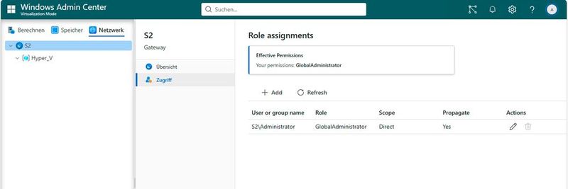 Die rollenbasierte Zugriffskontrolle definiert Benutzerberechtigungen innerhalb der Managementplattform und weist spezifische Rollen wie GlobalAdministrator einzelnen Accounts zu. (Bild: Microsoft - Joos)