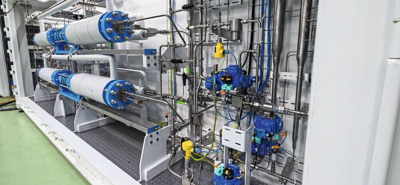 Plug-and-Play-Lösung im Container: Die Wasserstoffkompressionstechnologie von Hiperbaric schaltet Kompressoreinheiten in Reihe. Die zuverlässige Druckmessung ist beim Verdichtungsprozess von entscheidender Bedeutung.(Bild:  Hiperbaric)