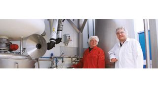 Wim Ekkelkamp, Technical Manager, at Ofichem’s API-manufacturing facility and Remco Vree Egberts, right, R&D Manager and Project Leader have chosen the Almatec E-Series Air-Operated Double-Diaphragm Pump because of its Atex certification for handling dangerous materials. (Almatec)