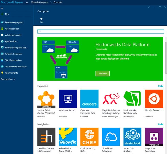 Nach der Anmeldung am Azure-Portal sind die virtuellen Computer über den Bereich „Virtuelle Computer“ zu finden. Hier sehen Administratoren alle zur Verfügung stehenden virtuellen Server, die sich in Azure als VM erstellen lassen. (Bild: Microsoft)
