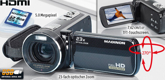 Der digitale Full-HD-Camcorder DV-23 HD von Maginon bringt gleich 23-fach optischen Zoom mit. (Bild: Aldi Süd)