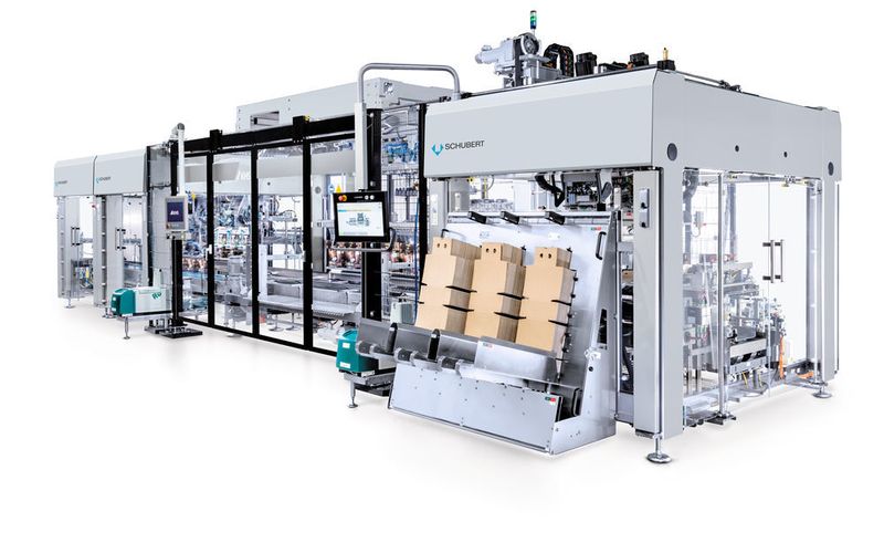 Bei der gemeinsam entwickelten Maschine handelt es sich um eine multifunktionale Kombination aus einem KHS-Einpacker verblockt mit einem Schubert-Aufrichte- und Verschließmodul, die zusammen sowohl Kisten als auch Kartonagen verpacken können. (Schubert)