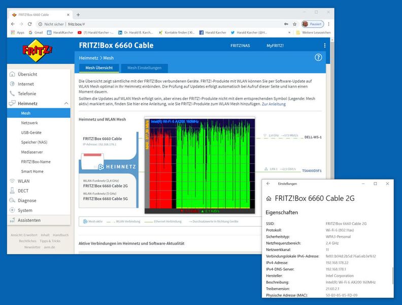 Abbildung 20: Upload vom 11ax-Dell-Tower über die AVM FRITZ!Box 6660 Cable auf den NAS-Speicher im 2,4 GHz-Band: Spitzen bis 377 Mbps. Durchschnitt um die 330 Mbps. (Bild: Harald Karcher)