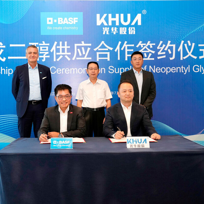 BASF und Zhejiang Guanghua Technology (KHUA) haben eine Absichtserklärung über die Lieferung von Neopentylglykol (NPG) vom BASF-Verbundstandort Zhanjiang an KHUA unterzeichnet. 