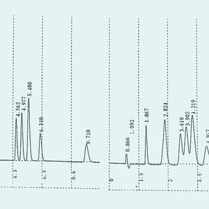 Abb. 2: Chromatographische Trennung der Metaboliten von trizyklischen Antidepressiva mit Sunfire, einer hydrophoben Säule der Gruppe A (links) und Primesep C 100, einer C18-Säule der Gruppe C (rechts).
