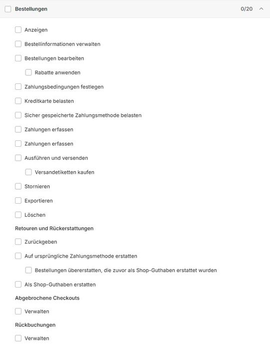 Screenshot der Rechte für Bestellungen.(Bild:  M. Schmitd)