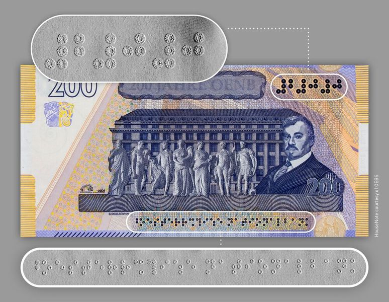 Photometric Stereo-Aufnahmetechnik am Beispiel der Braille-Schrift (Positionen weiß umrandet) auf einer Musternote. HouseNote mit freundlicher Genehmigung der OEBS Oesterreichische Banknoten- und Sicherheitsdruck GmbH  (Bild: AIT Austrian Institute of Technology )