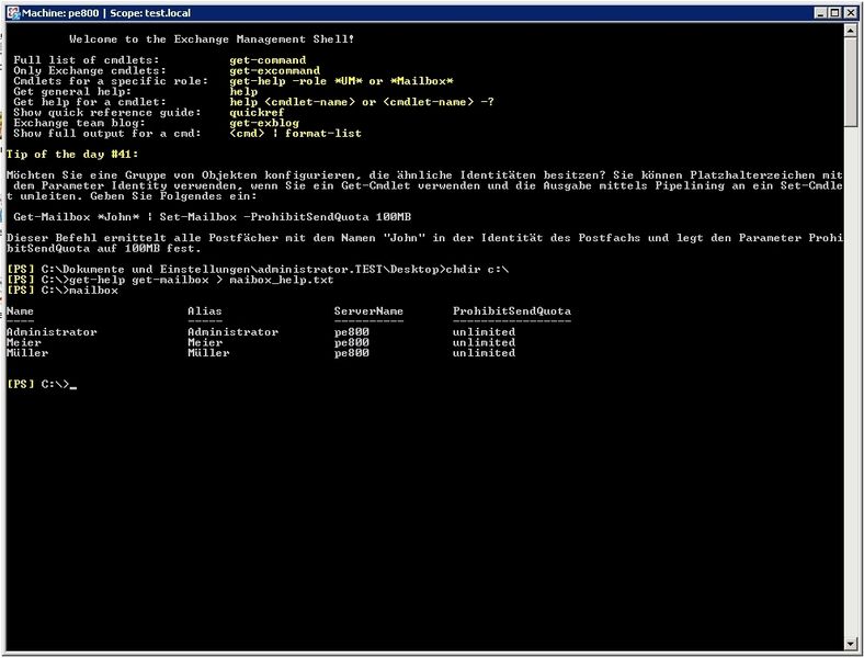Abbildung 4: Verschiedene Cmdlets führen einen Verzeichniswechsel, eine Hilfeanweisung und eine Abfrage bestehender Postfächer aus. Das Cmdlet Mailbox, ohne weitere Parameter angegeben, ist nur dann sinnvoll, wenn wenige Postfächer existieren. Eine Ausnahme besteht dann, wenn alle Postfächer in eine Datei gespeichert werden sollen (Archiv: Vogel Business Media)