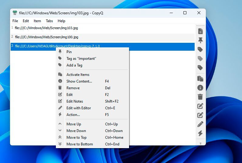 Umfangreiche Verwaltungsmöglichkeiten für Objekte in der Zwischenablage. (Bild: Joos – CopyQ)