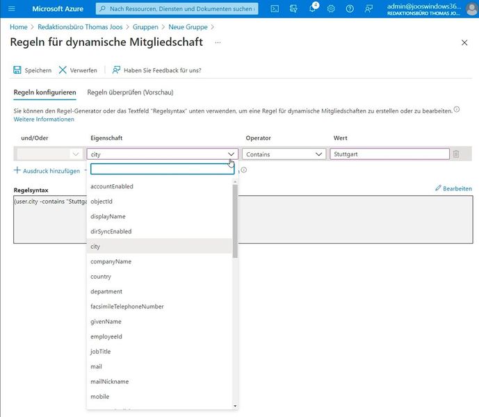 Eine dynamische Gruppenregel mit dem Merkmal „city“ und dem Wert „Stuttgart“ grenzt die Geräte ein, an die Intune die Richtlinien für Sicherung und Wiederherstellung verteilt. (Bild: Joos | Microsoft)