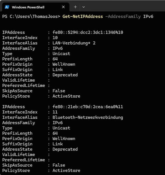 Get-NetIPAddress mit AddressFamily IPv6 listet ausschließlich link-local Unicast-Adressen mehrerer Schnittstellen inklusive InterfaceIndex und Statusinformationen. (Bild: Joos | Microsoft)