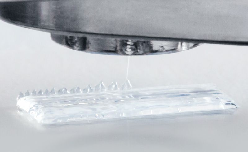 Die Düse setzt ein Tröpfchen Silicon nach dem anderen exakt dort ab, wo es das Computerprogramm vorgibt... (Bild: Wacker Silicones)