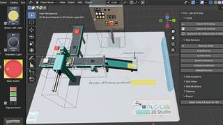 3D modeling software Blender with the integrated component catalog from MHJ-Software (left), the setup of a virtual system in the design area (central) and the specially developed plugin for skill configuration (right). (Image:MHJ software)