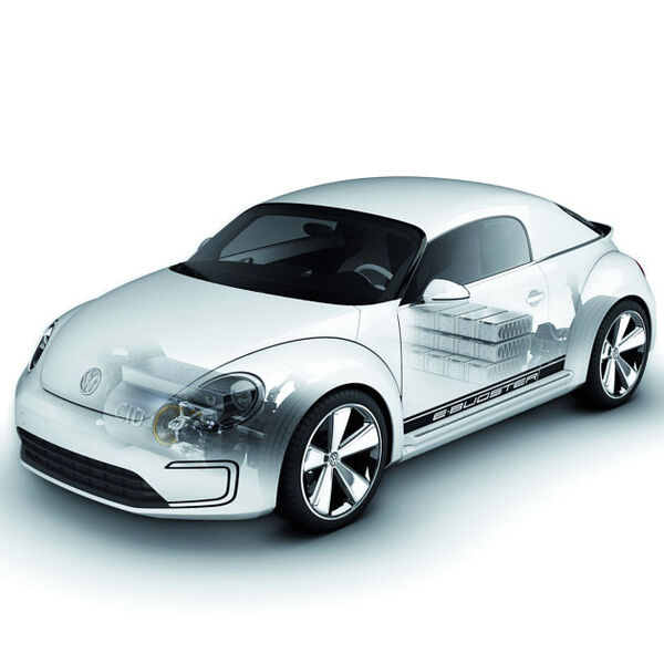 ... an der Vorderachse. Die Batterien sind hiter den Rücksitzen verbaut. Die Reichweite soll bis zu 180 Kilometer betragen. (Volkswagen)