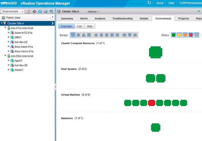 Mit „vRealize Operations Manager“ haben Administratoren den Aufbau der Umgebung immer im Blick. Hier sind die VMs, die Hosts und die beteiligten Datastores zu sehen. (Joos / VMware)