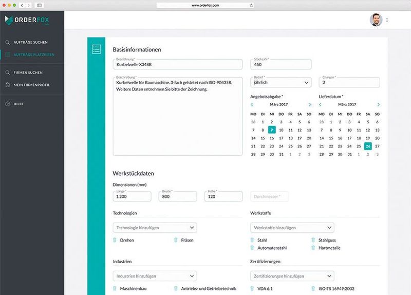 Um einen Auftrag auszuschreiben, wählt man einfach und schnell Auswahlfelder und ergänzt wenige Parameter. (Orderfox AG)