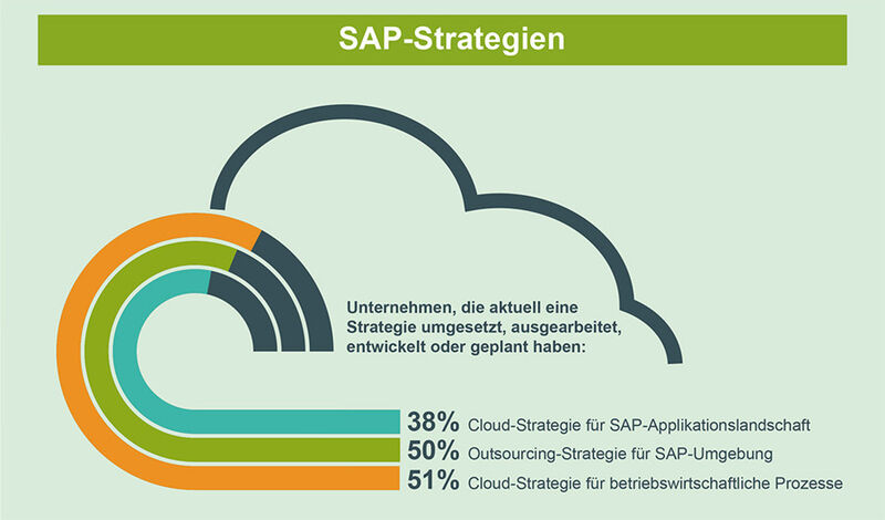 Laut PAC-Studie haben 38 Prozent der befragten Unternehmen eine Cloud-Strategie für die SAP-Applikationslandschaft, jedes zweite Unternehmen verfolgt eine Outsourcing-Strategie für ihre SAP-Umgebung. Auch bei betriebswirtschaftlichen Prozessen spielt die Cloud eine immer wichtigere Rolle. (Bild: Pierre Audoin Consultants)
