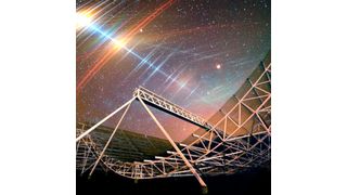 Using the Chime large radio telescope, astronomers detected a persistent radio signal from a far-off galaxy that appears to flash with surprising regularity. (Source: Chime, with background edited by MIT News)
