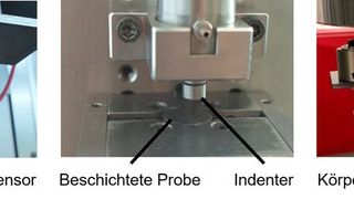 Bild 1: Versuchsaufbauten während des Forschungsprojekts; a) rotierende Körperschallmessung bei der Fräsbearbeitung; b) zerstörende Prüfung einer Werkzeugbeschichtung im Impacttester; c) Biegeversuch einer UD-CFK Probe (Bild: Technische Universität Berlin, Institut für Werkzeugmaschinen und Fabrikbetrieb (IWF))